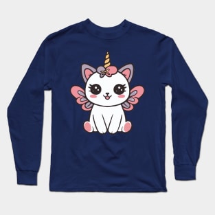 Cute Pink Fairy Cat Unicorn With Wings Long Sleeve T-Shirt